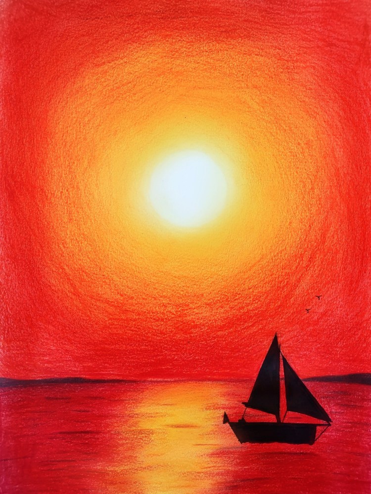 Painting of a sailboat at sunset.