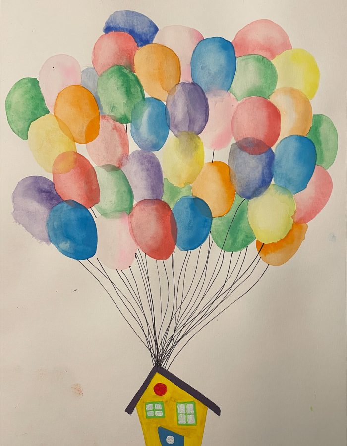 Drawing of a house with colourful balloons attached to the roof.