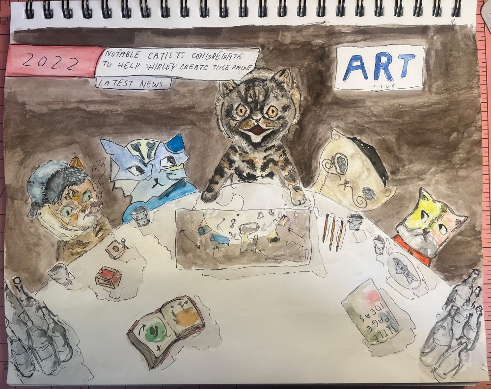 Drawing of cats organizing art.