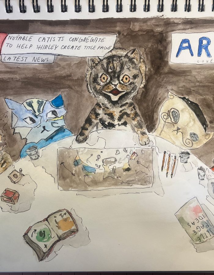 Drawing of cats organizing art.