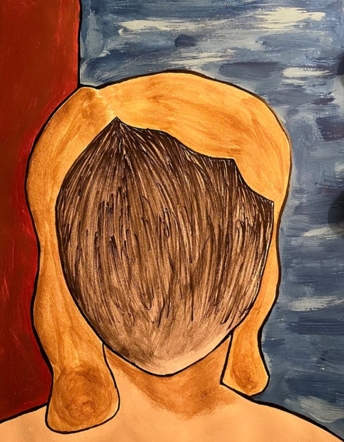 Drawing of a faceless person.