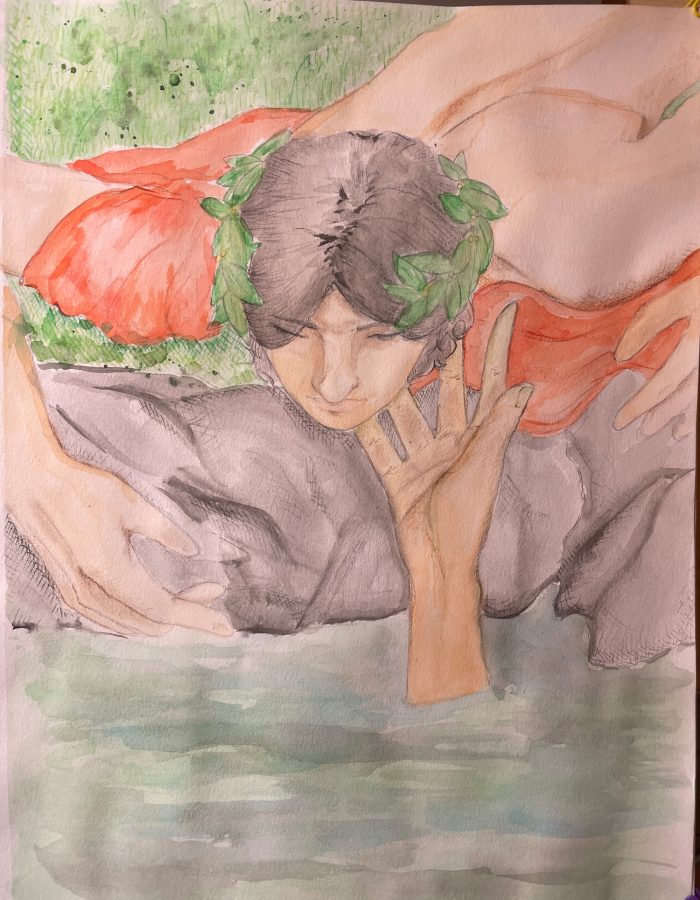 Watercolour of someone reaching into a lake and a hand coming out of the lake.