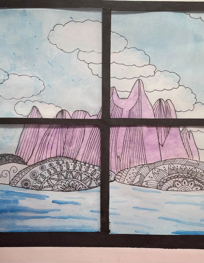 Drawing of a window looking out on icebergs.