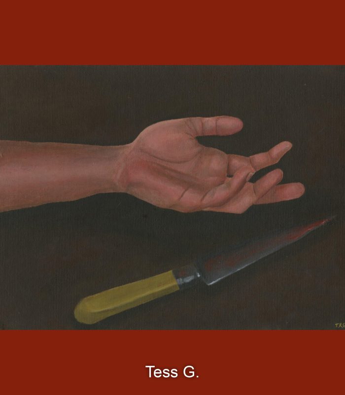 Painting of a hand with a knife.