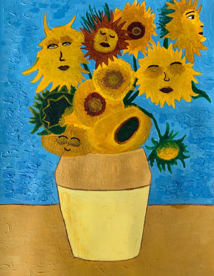 Painting of sunflowers with faces.