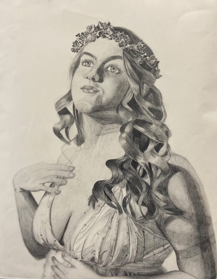 Sketch of a student with curly hair, a flowing dress and a wreath on her head.