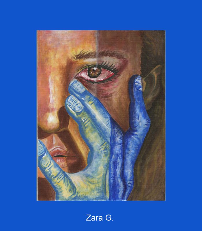Painting of a blue hand on a face.