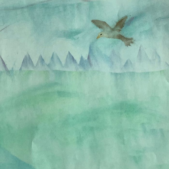 Watercolour painting of an eagle soaring in the sky.