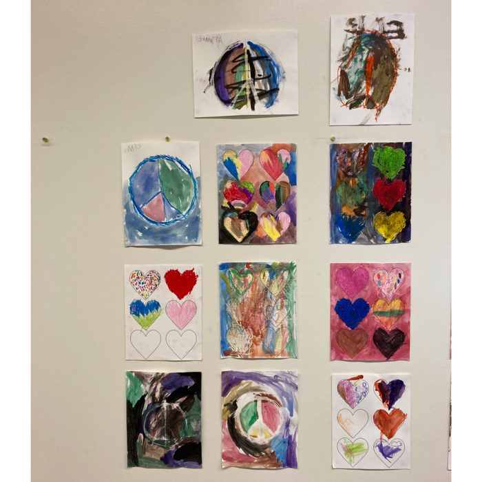 Junior Kindergarten Love and Peace drawings (hearts and peace signs)