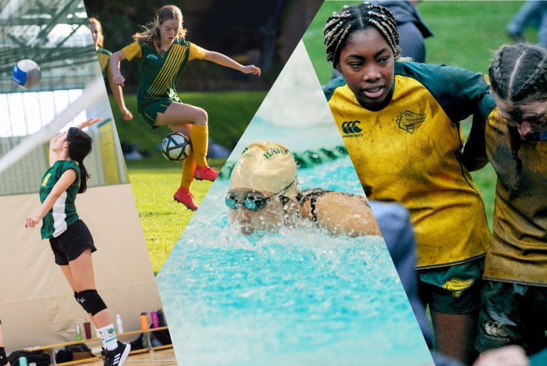 Collage of sports in action: volleyball, soccer, swimming, rugby.