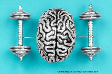 Creative composition made of a steel copy of a human brain lifting dumbbells. The concept of brain exercises to strengthen the mind. Image copyright to Chizshevskaya Ekatarina/Shutterstock.com